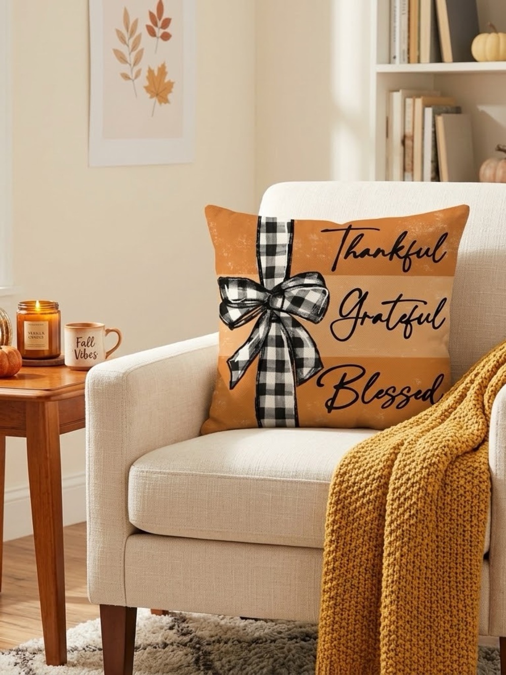 Fall Thankful Grateful Blessed Plaid Ribbon Pillow Cover & Pillow Insert 16”x16”